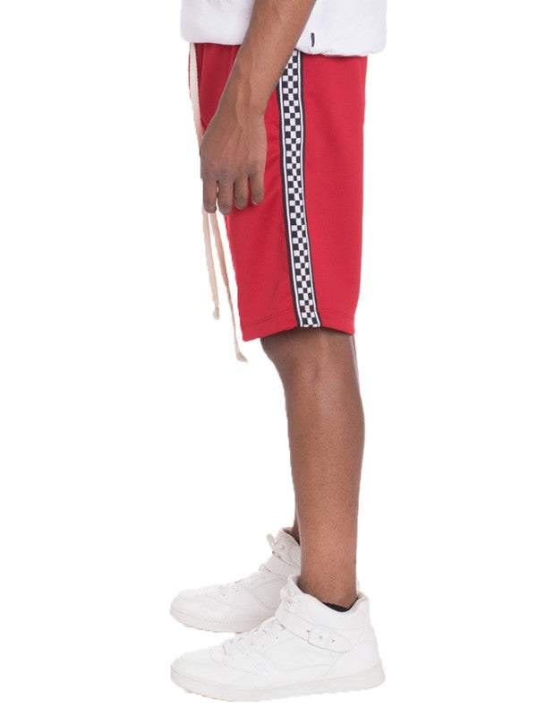 Weiv Mens Checkered Stripe Track Shorts with elastic waist and drawstring in red.